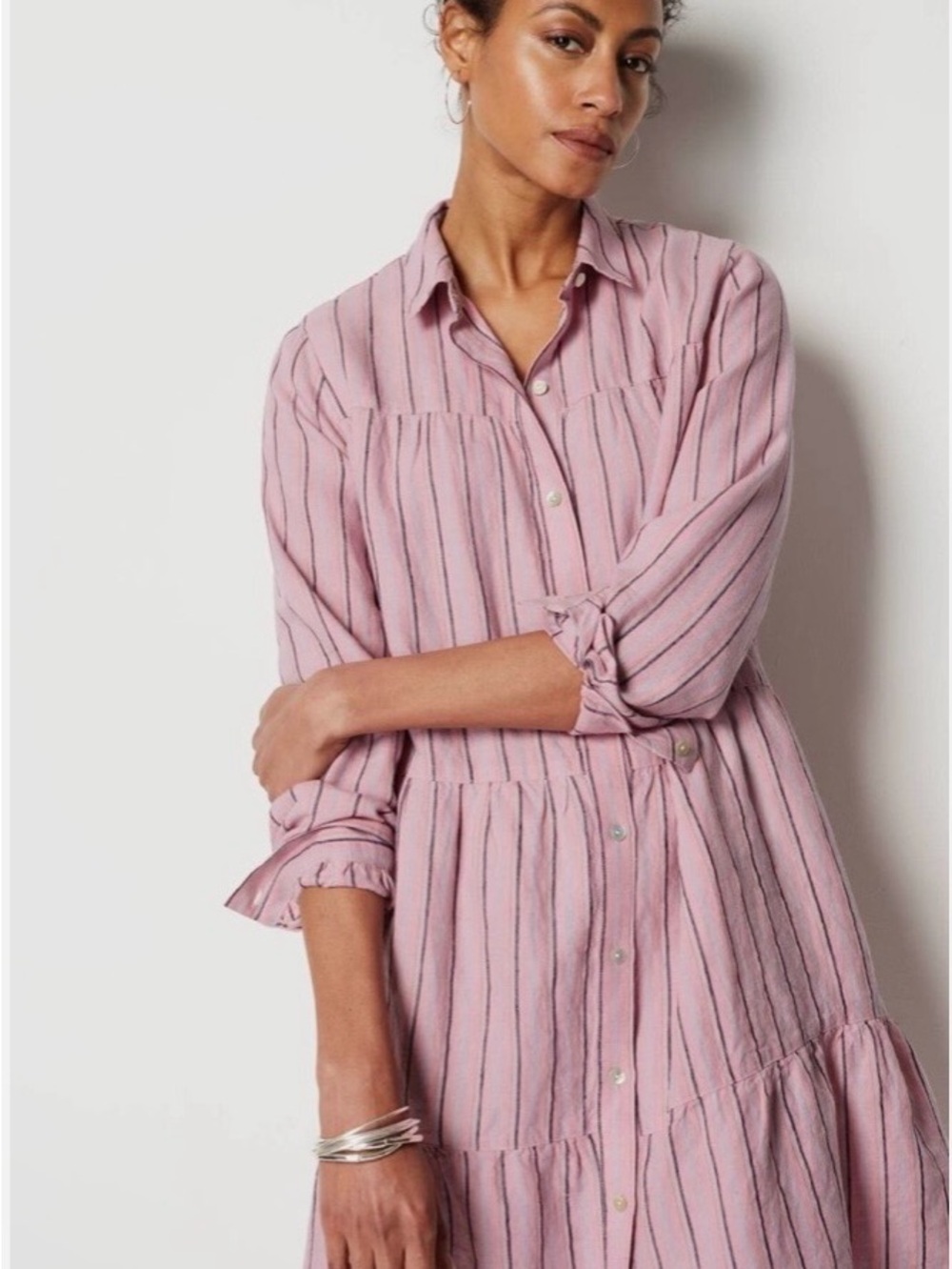 J Jill Pink Striped Tiered Shirt Dress